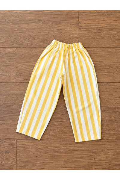 Pufiko Kids Sarı Beyaz Çizgili Tok Kumaş Unisex Pantolon