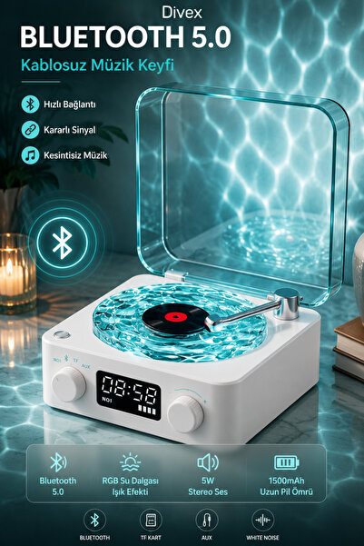 Divex Bluetooth 5.0 White Noise RGB Işıklı Pikap Tasarımlı Müzik Çalar Dijita...