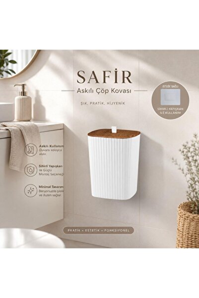Okyanus Home Safir Yapışkanlı Asılabilir Çöp Kovası Ahşap Detaylı Beyaz