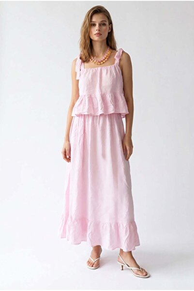 Mixray 2145 Women's Tie-Strap Square Neck Flounce Long Dress Pink