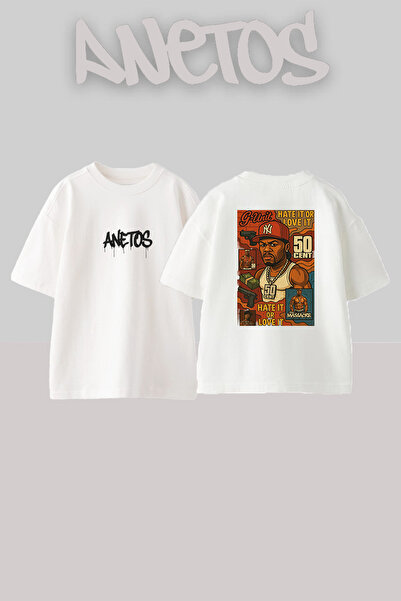 Anetos 50 Cent G Unit_2 dizajn, štampana unisex majica prevelikog kroja, bela