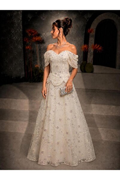 led style Evening & Prom Dress - Beige - Long