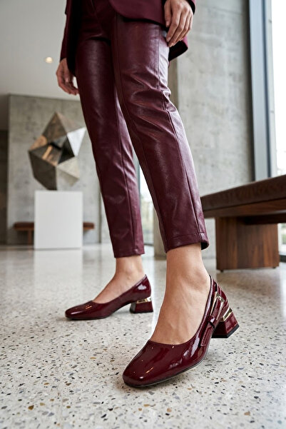 Solly Çpç024 Side Buckle Burgundy Patent Leather Women's Heeled Shoes