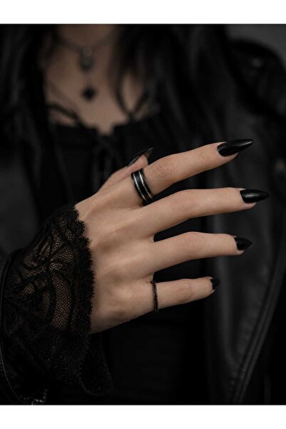 DM ONLINE Black Silver Stripe Hand Painted Epoxy Design Ring