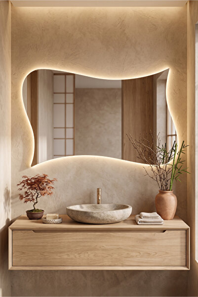 Fawdecor LED Aydınlatmalı Organik Asimetrik Banyo Aynası Modern Kavisli Form ...