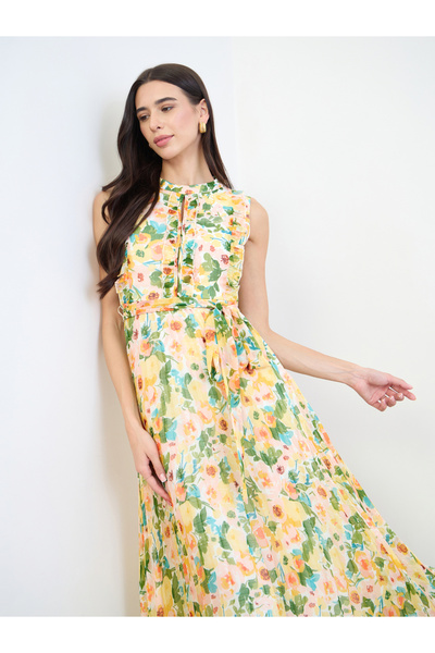 Styli Yellow Ruffled Pleated Midi Dress with Tie Belt