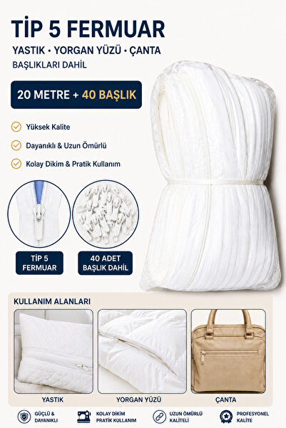 RuzgarHome Beyaz Fermuar 20 Metre 40 Başlık Yastık Nevresim Çanta
