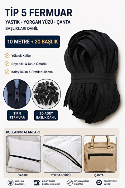 RuzgarHome Siyah Fermuar 10 Metre 20 Başlık Yastık Nevresim Çanta