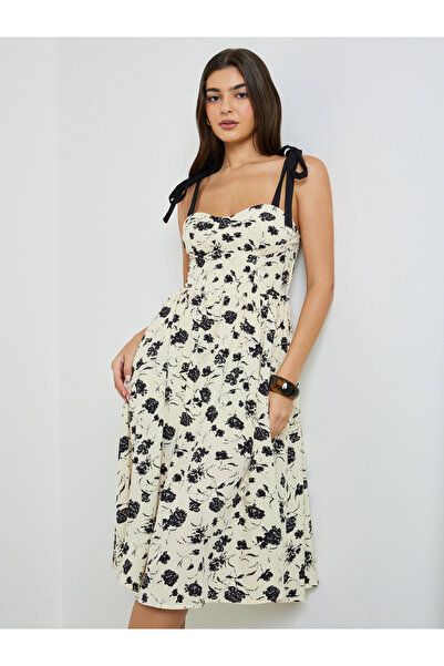 Take Two By Styli Beige Floral Print Tie-Strap Midi Dress