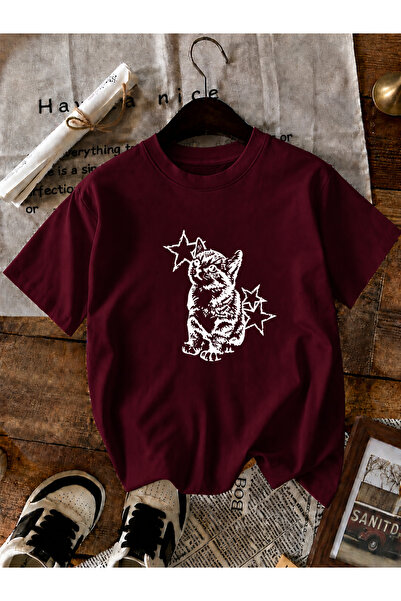 ZİYMO Women's Y2K Star Cat Printed Oversized T-Shirt Burgundy