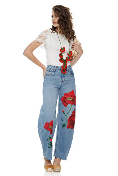 Fofy Blugi dama albastri premium balloon summer 2026 cu imprimeu maci