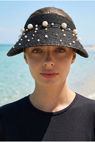 Marina Перлена рафия, черна сламена шапка с козирка HSR2602-1