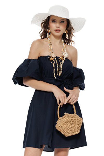 Fofy Rochie de vara scurta din bumbac bleumarin cu maneci bufante