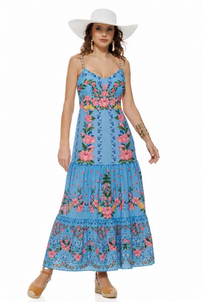 Fofy Rochie de vara bleu ciel lunga cu bumbac imprimeu mediteranean Amalfi cu...