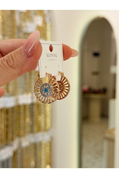SU PERİSİ TAKI BİJUTERİ Xuping Non-Fade Rose Gold Blue Stone Hoop Earrings