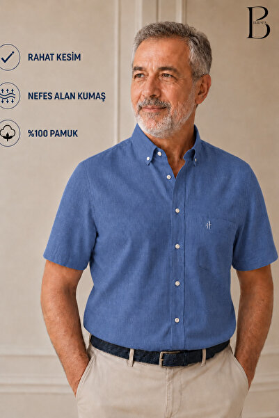 BURSPA Relaxed Fit Classic Men's Dad Short Sleeve 100% Cotton Linen Shirt