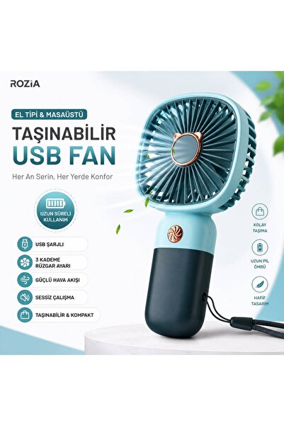 ROZIA USB Şarjlı Mini El Vantilatörü Taşınabilir Masaüstü Fan 3 Kademeli Sessiz Soğutucu