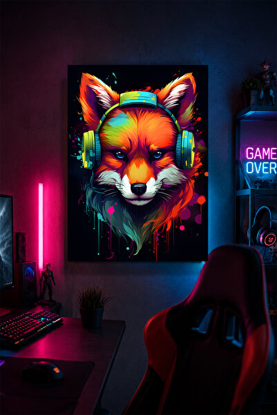 Lucena Tablou de perete din metal Fox cu căști de gaming, decor pentru cameră...