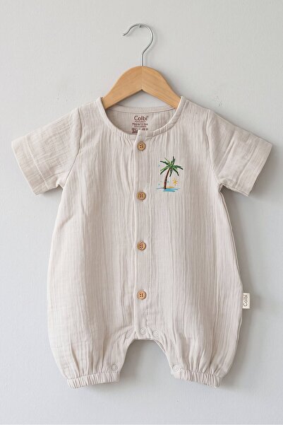 Mini Cotton Baby Boy Barbatöz Muslin Fabric Palm Pattern Jumpsuit