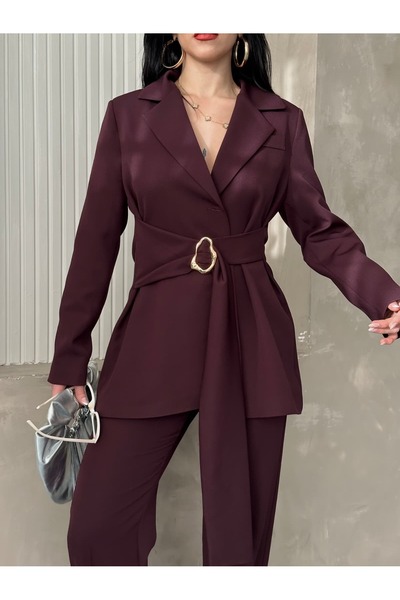 MYSUİT BLAZER CEKET VE GENİŞ KUMAŞ KEMERLİ BOL PAÇA PANTOLON TAKIM