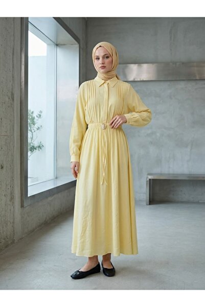 Foremia Waist Elastic Half Pat Accessory Detail Dress-Yellow