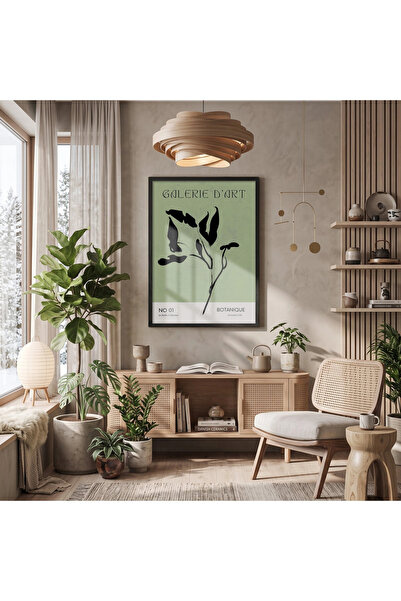 KOLAJTASARIM Artă minimalistă botanică verde, tablou înrămat în lemn negru, p...