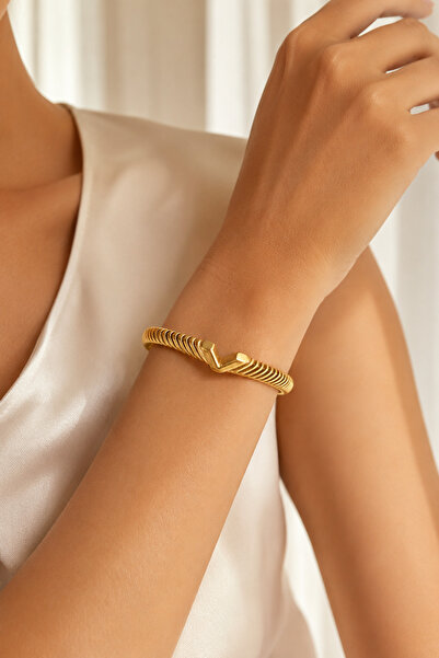 fao shop 7/24 Steel Cuff Women's Bracelet with V Pattern, Gold Color, Tarnish...