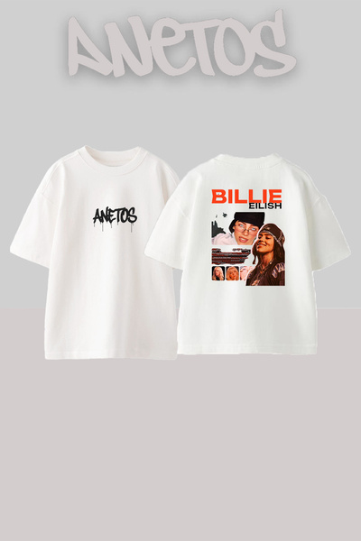 Anetos Billie Eilish_48 Λευκό μπλουζάκι με τυπωμένο σχέδιο Unisex Oversize