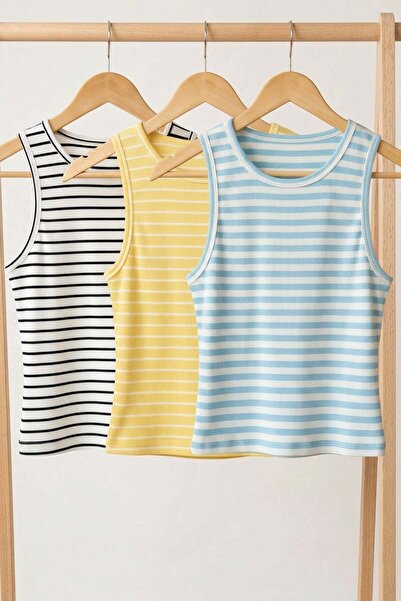 COTENCONCEPT 3 Pieces of Ribbed Fitted Viscose Blended Strappy T-Shirt
