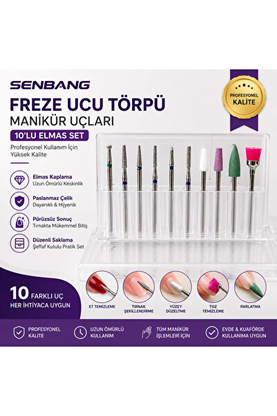 SENBANG Freze Ucu Törpü Makinesi Manikür Pedikür Uç Seti 10’lu Elmas Freze Uc...