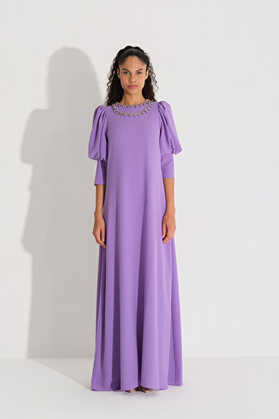 miha Hicran Önal Collar Detail Stone Embroidered Crepe Dress Lilac