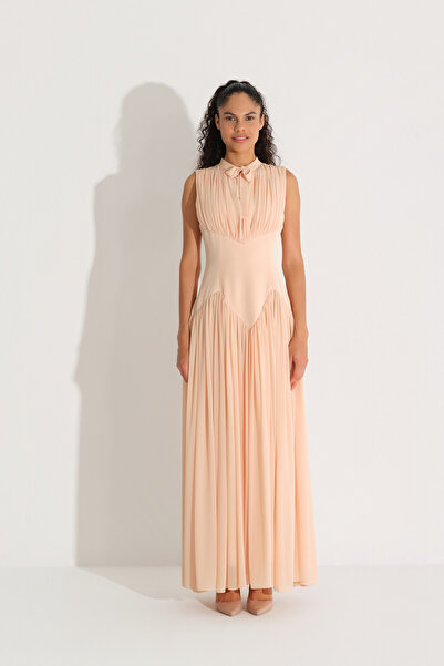miha Hicran Önal Bel Formu Corset Embroidered Chiffon Crepe Dress Yellow
