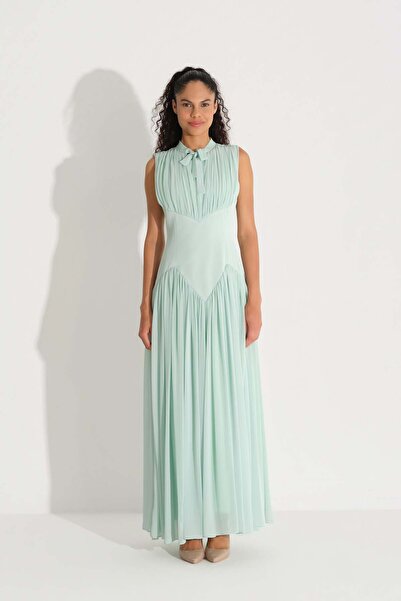miha Hicran Önal Bel Formu Corset Embroidered Chiffon Crepe Dress Mint
