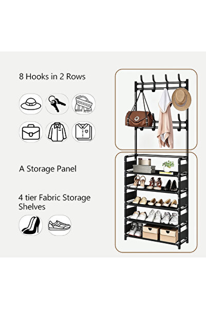 genric 2-in-1 Coat Rack Shoe Stand with 10 Hooks - 60x28x170cm Sturdy Steel & Plastic Frame, 5-Tier Storage Organizer for Entryway & Bedroom