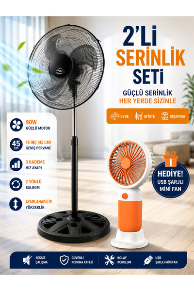 Toptancı Amca 90W Ayaklı Vantilatör 45 cm 3 Kademeli Salınımlı + USB Şarjlı T...