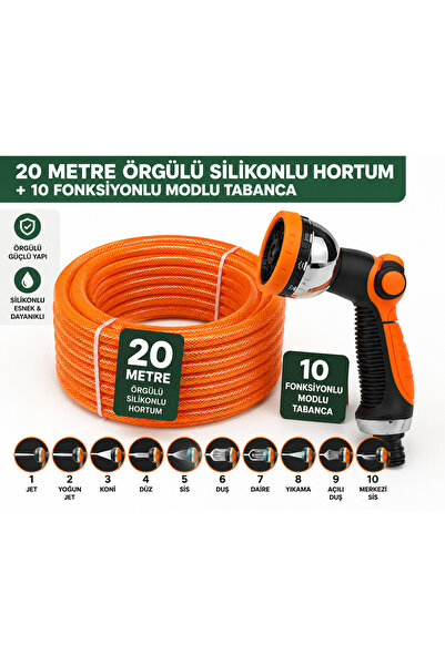 Toptancı Amca 20 Metre Örgülü Silikonlu Bahçe Hortumu + 10 Fonksiyonlu Sulama...