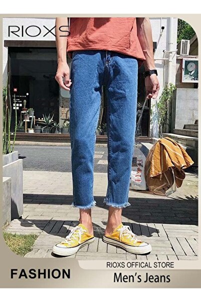 RIOXS Men's Frayed Hem Skinny Fit Jeans, Casual Straight Leg Denim Pants with...