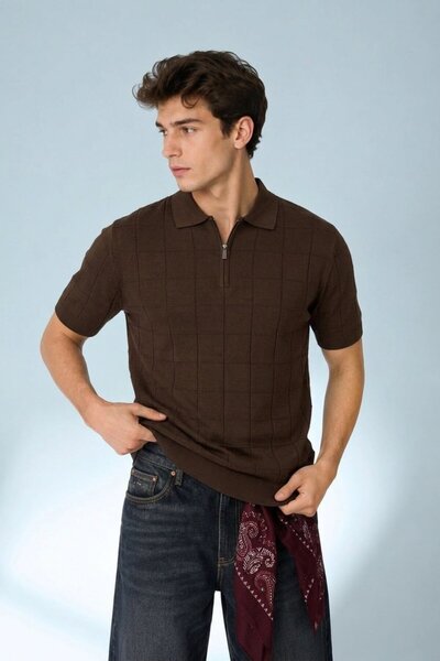 Maccali Men's Short Sleeve Striped Knitwear Dark Brown Polo Neck T-Shirt