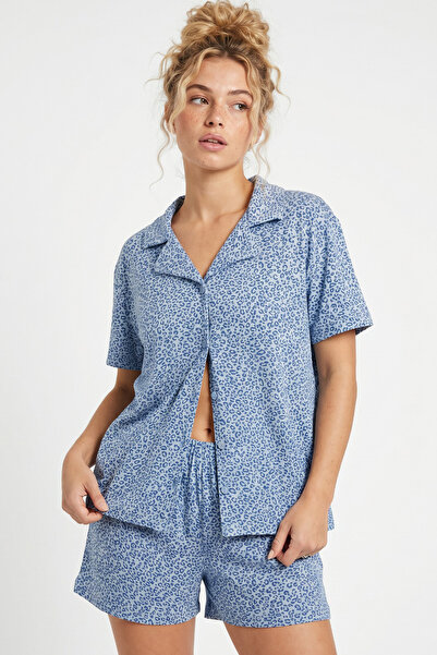 Siyah İnci Blue Leopard Print Shirt Collar Buttoned Knitted Shorts Pajama Set...