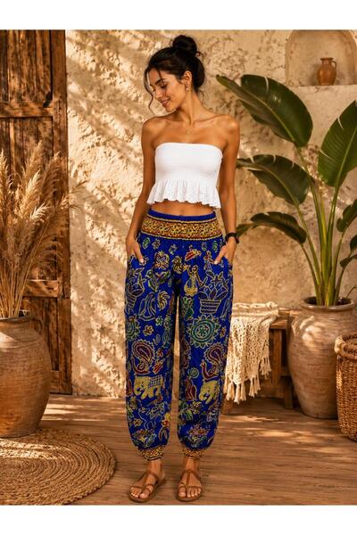 KESKİN AKSESUAR ETNİK DESENLİ ŞALVAR %100 RAYON KUMAŞ CEPLİ STANDART BEDEN (X...
