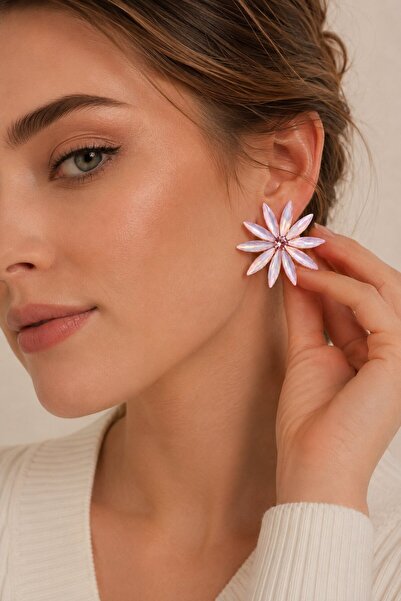 Clariss Pink Crystal Stone Lotus Model Women's Earrings