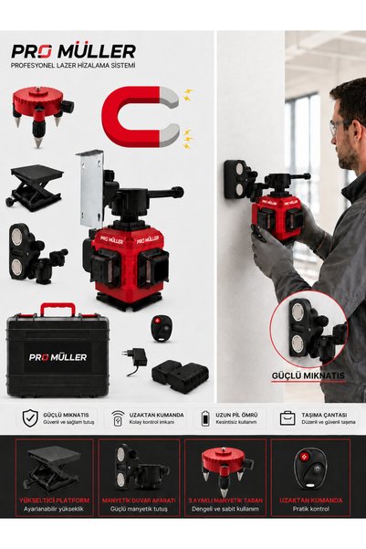Pro Müller Alman Profesyonel Otomatik Hizalama 16 Köşe 360° Yeşil Lazer Çizgi Hizalama Terazi Çantalı