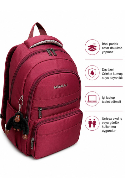MAYALAR Premium Crinkle Kumaş Unisex Okul Sırt Çantası 5 Fermuarlı, Ekstra Ön...
