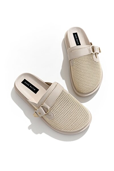 Shoebutik Marbella Beige Buckle Detailed Mesh Women's Slippers