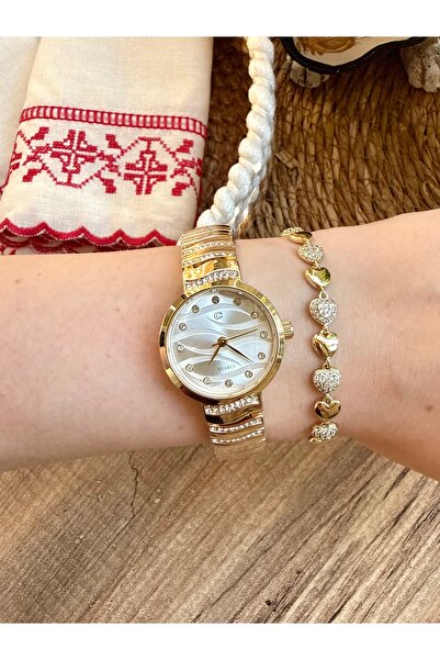 TD TRENDDURAGI Round Tiny Stone Detailed Gold Inside White Women's Wristwatch