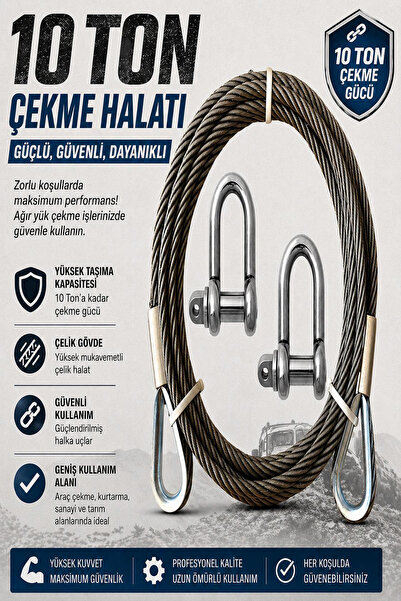 Çantalı 2 Metre Araç Çekme Halatı 10 Ton Çelik Çeki Halatı 2 Adet Mapa
