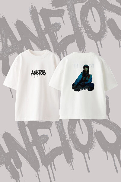 Anetos تي شيرت Billie Eilish_20 ذو تصميم مطبوع وياقة دائرية كبيرة الحجم باللو...
