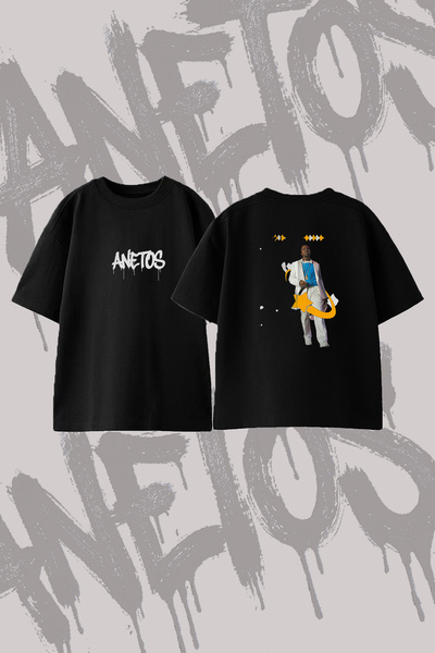 Anetos Kanye West_8 Dizajn T-shirt majica sa širokim izrezom i printom, crna