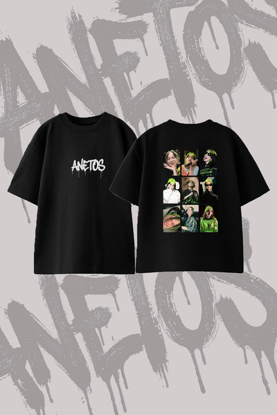 Anetos Billie Eilish_19 Dizajn T-shirt majica sa širokim izrezom i printom, crna