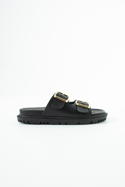 Polomia Comfort Women's Flat Zarasan Two-Strap Skin Gold Detail Buckle Fusfed...